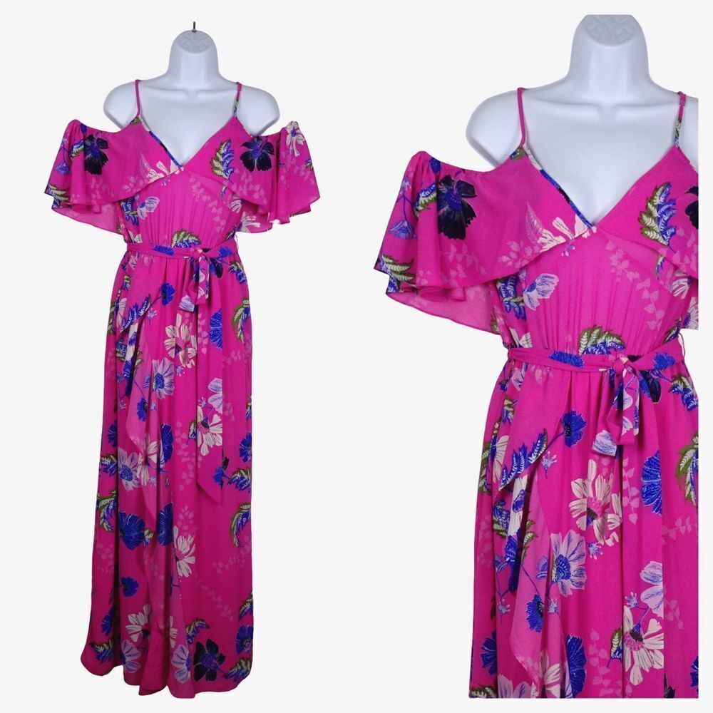 RACHEL ROY Maxi Dress Cold Shoulder Floral Flowy Ruffle Slit Tie-Waist Pink 6 - Picture 2 of 13
